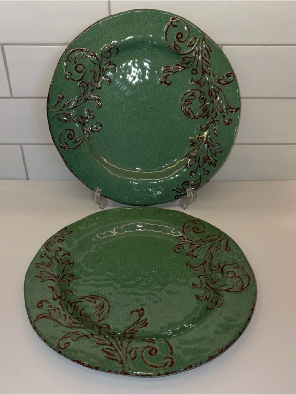 Set of 2 Il Mulino APHORISM Crackle Green Rustic Melamine Dinner Plates 11"